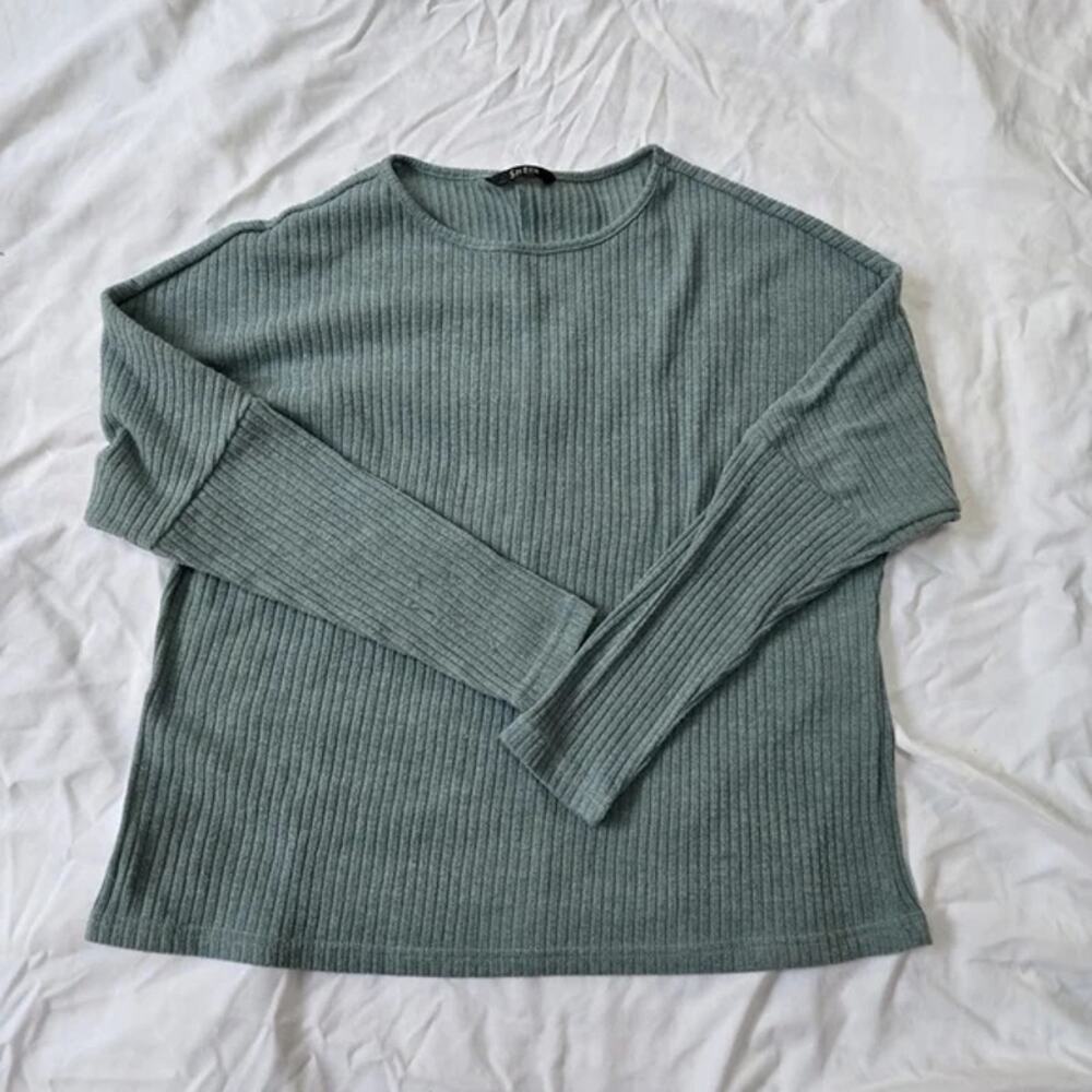 SHEIN Teal Blue Green Relaxed Shoulder Crewneck Long Sleeve Ribbed Sweater